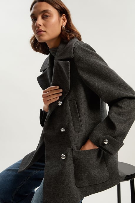 Brushed Wool Check Pocket Tailored Short Coat - Image 1