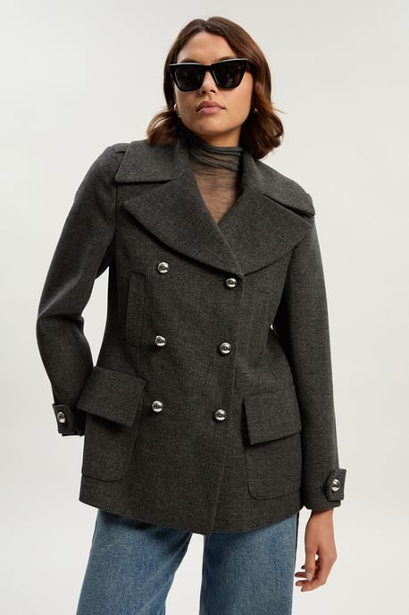 Brushed Wool Check Pocket Tailored Short Coat - Image 4