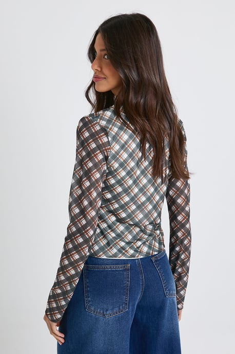 Mesh Hook & Eye Front Long Sleeve Fitted Top - Image 2