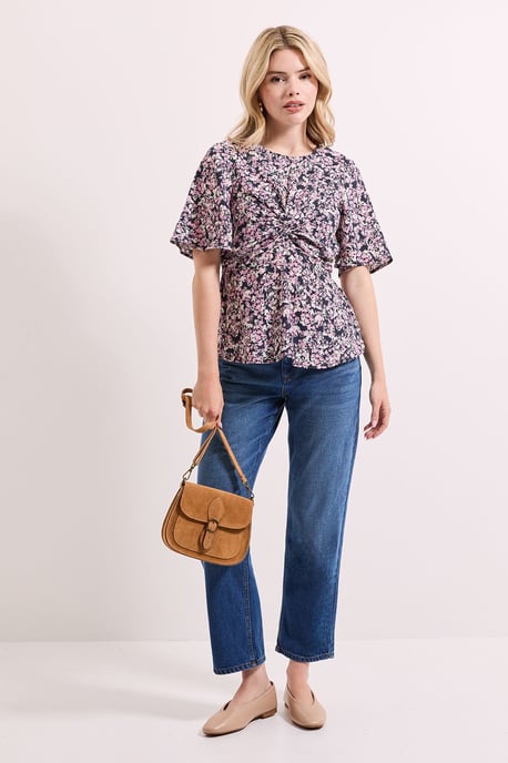 Pink Floral Twist Front Angel Sleeve Top - Image 1