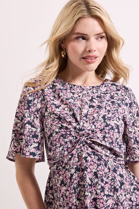 Pink Floral Twist Front Angel Sleeve Top - Image 3