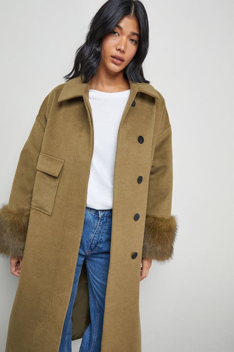 Patch Pocket Asymmetric Fur Trim Car Coat - Image 2