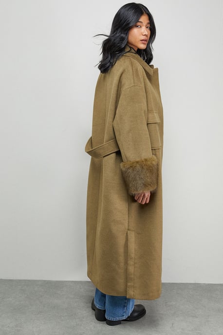 Patch Pocket Asymmetric Fur Trim Car Coat - Image 3
