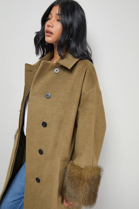 Patch Pocket Asymmetric Fur Trim Car Coat - Image 4