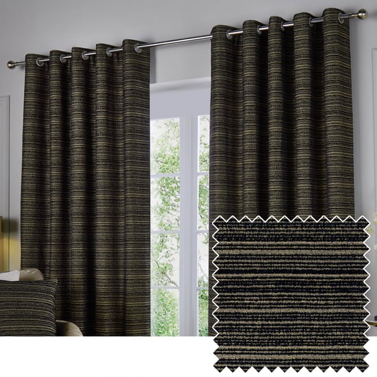 Paoletti Jupiter Chenille Jacquard Eyelet Curtain Pair Black/Gold - Image 1