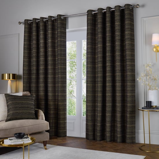 Paoletti Jupiter Chenille Jacquard Eyelet Curtain Pair Black/Gold - Image 2