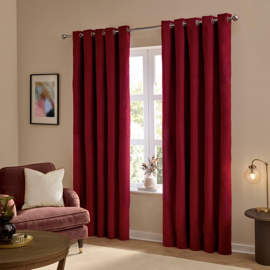 Furn The Ultimate Velvet Room Darkening Eyelet Curtain Pair, Burgundy - Image 2