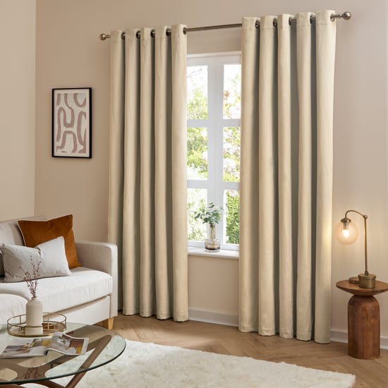 Furn The Ultimate Velvet Room Darkening Eyelet Curtain Pair, Natural - Image 2