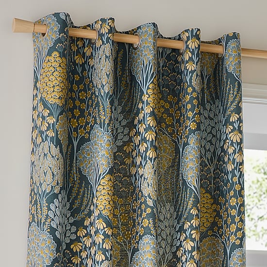 Wylder Ophelia Floral Jacquard Room Darkening Eyelet Curtain Pair, Blue/Saffron - Image 2