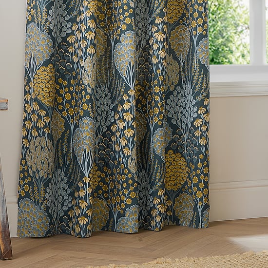 Wylder Ophelia Floral Jacquard Room Darkening Eyelet Curtain Pair, Blue/Saffron - Image 3