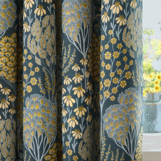 Wylder Ophelia Floral Jacquard Room Darkening Eyelet Curtain Pair, Blue/Saffron - Image 4