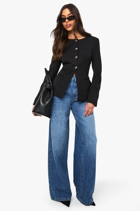 Gold Trim Collarless Tailored Blazer - Image 3