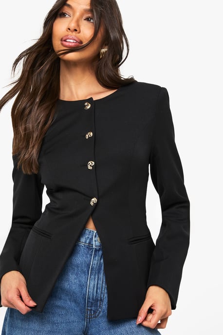 Gold Trim Collarless Tailored Blazer - Image 4