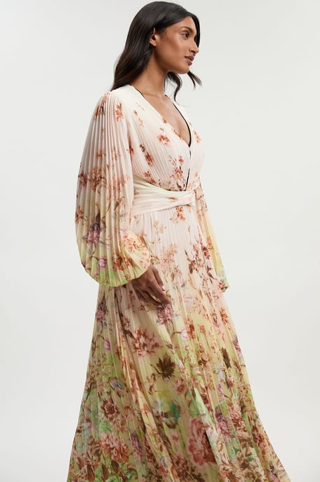 Scattered Floral Balloon Sleeve Pleated Crinkle Cut Out Woven Maxi Dress - Image 2