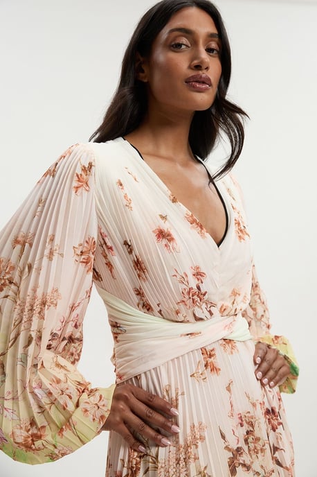 Scattered Floral Balloon Sleeve Pleated Crinkle Cut Out Woven Maxi Dress - Image 3