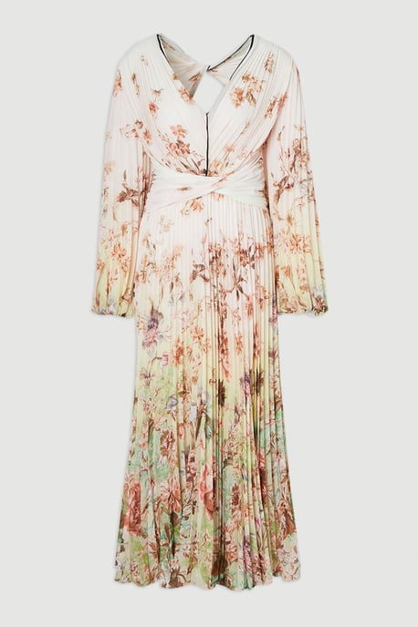 Scattered Floral Balloon Sleeve Pleated Crinkle Cut Out Woven Maxi Dress - Image 4
