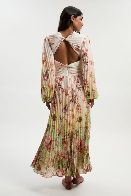 Scattered Floral Balloon Sleeve Pleated Crinkle Cut Out Woven Maxi Dress - Image 6