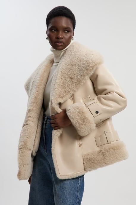 Faux Shearling Oversize Collar Short Coat - Image 1