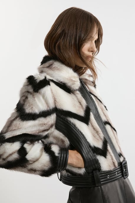 Faux Fur Pu Panelled Stripe Belted Cropped Jacket - Image 1