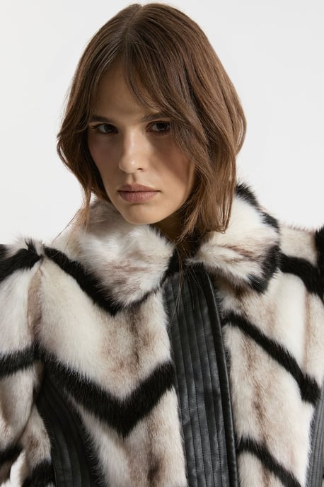 Faux Fur Pu Panelled Stripe Belted Cropped Jacket - Image 2
