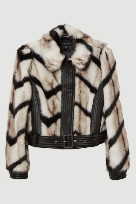 Faux Fur Pu Panelled Stripe Belted Cropped Jacket - Image 4