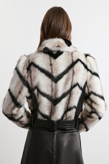 Faux Fur Pu Panelled Stripe Belted Cropped Jacket - Image 5