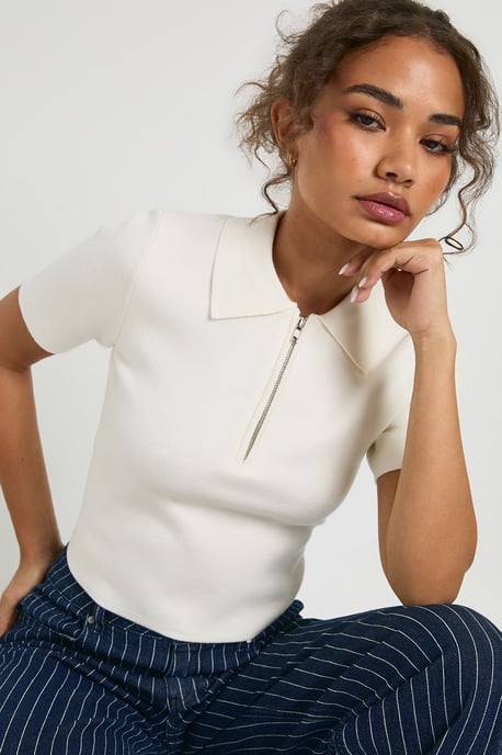 Compact Knit Zip Neck Short Sleeve Top - Image 1