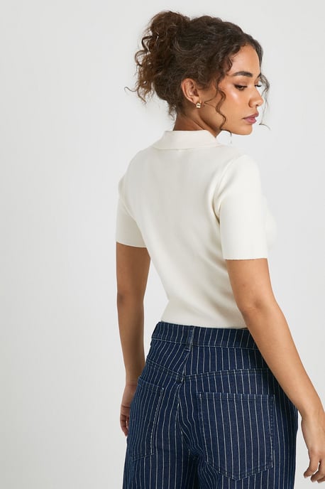 Compact Knit Zip Neck Short Sleeve Top - Image 2