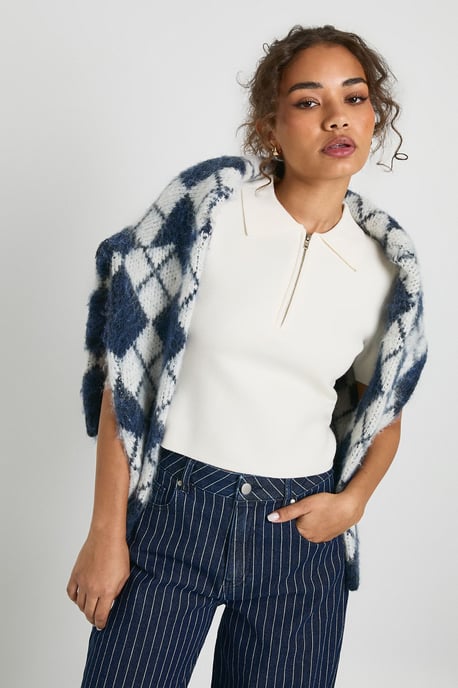 Compact Knit Zip Neck Short Sleeve Top - Image 3