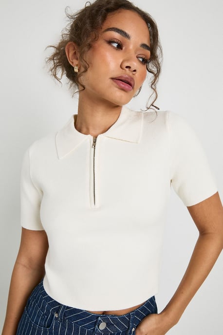 Compact Knit Zip Neck Short Sleeve Top - Image 4