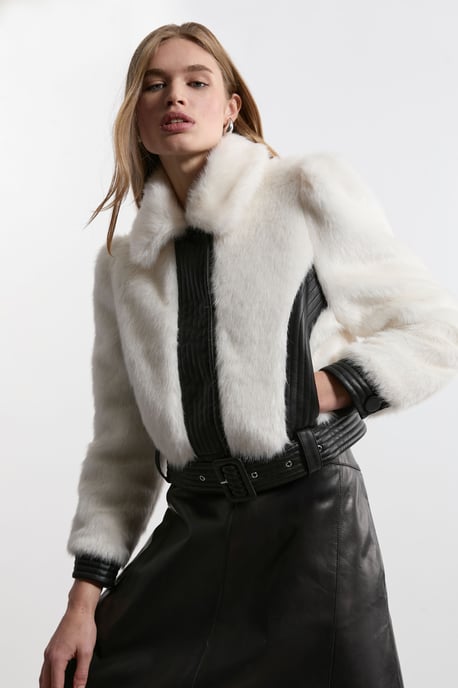 Faux Fur Pu Panelled Belted Cropped Jacket - Image 1