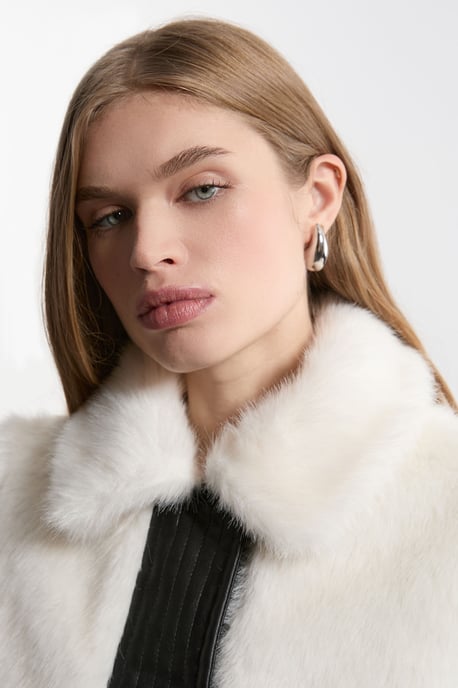 Faux Fur Pu Panelled Belted Cropped Jacket - Image 2