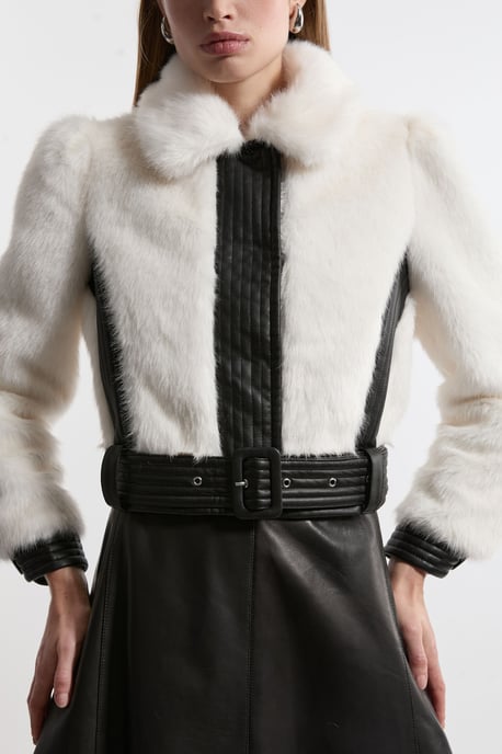 Faux Fur Pu Panelled Belted Cropped Jacket - Image 3