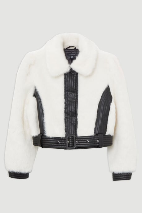 Faux Fur Pu Panelled Belted Cropped Jacket - Image 4
