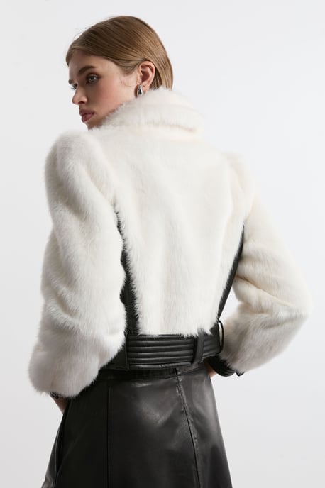 Faux Fur Pu Panelled Belted Cropped Jacket - Image 5