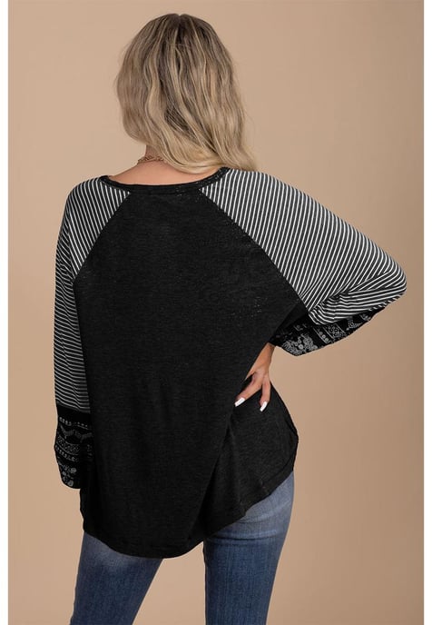 Striped Sleeve Crew Neck Casual Top - Image 2