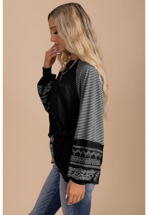 Striped Sleeve Crew Neck Casual Top - Image 3