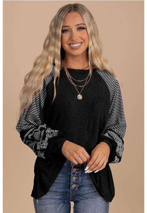 Striped Sleeve Crew Neck Casual Top - Image 4