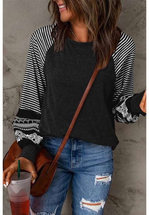 Striped Sleeve Crew Neck Casual Top - Image 5