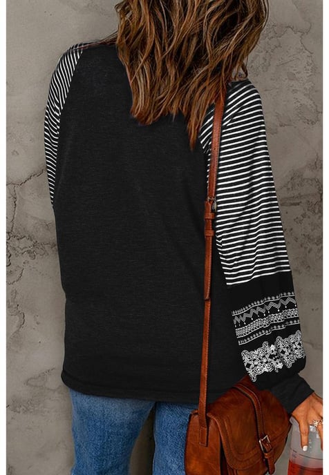 Striped Sleeve Crew Neck Casual Top - Image 6