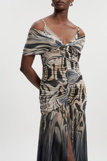 Marble Print Mesh Plunge Strappy Detail Maxi Dress - Image 2