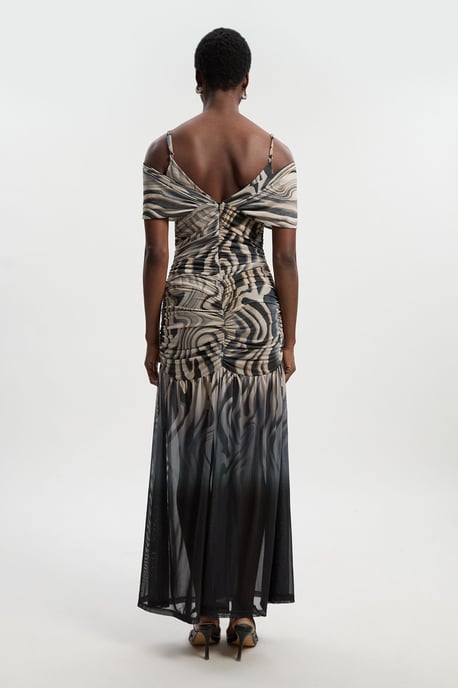 Marble Print Mesh Plunge Strappy Detail Maxi Dress - Image 4