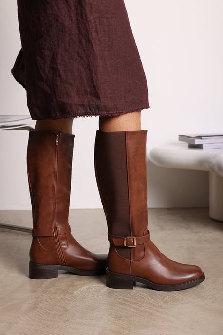 Wheres That From Womens 'Oriana' Faux Leather Knee High Riding Boots With Side Buckle Strap - Image 1