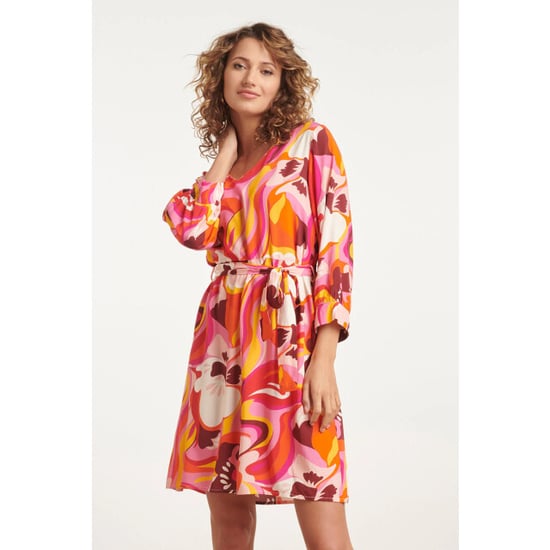 Smashed Lemon 24000 floral retro print v-neck jurk met riem | - Image 2
