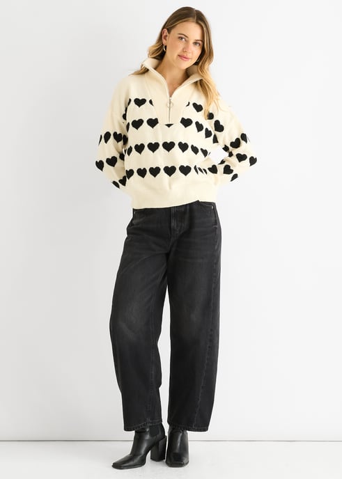 Cream Heart Zip Up Loose Fit Knit Jumper - Image 1