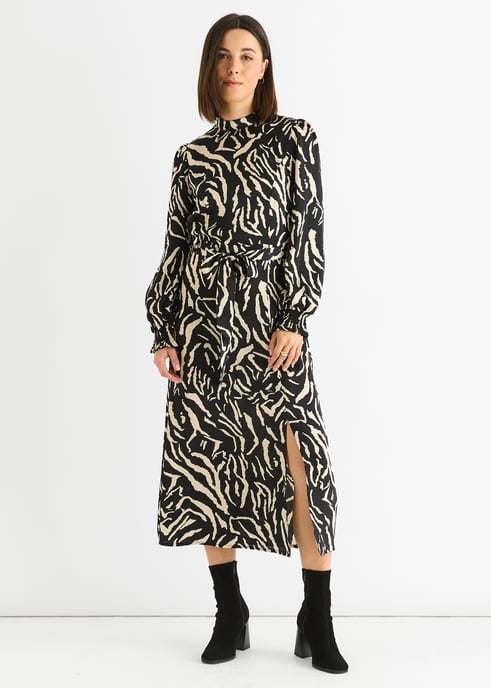 Black Animal High Neck Satin Midi Dress - Image 1