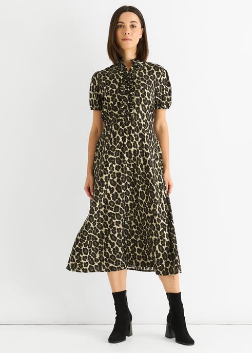 Green Animal Print Ruffle Neck Midi Dress - Image 1