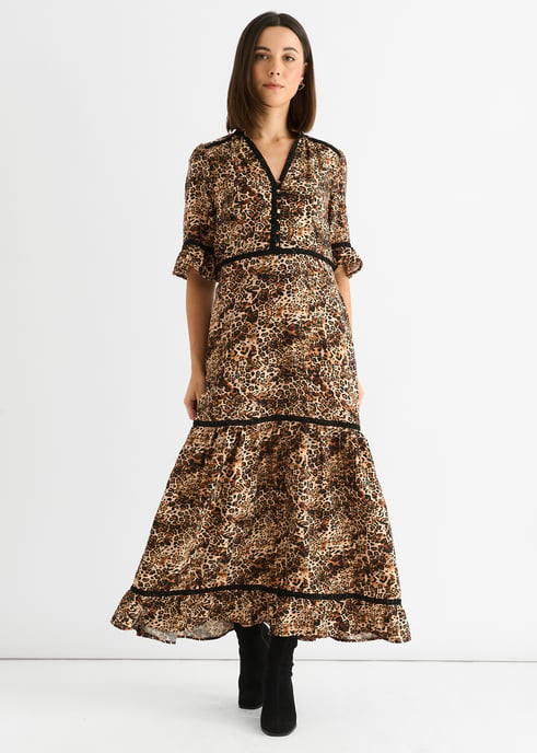 Brown Animal Print Lace Trim Tiered Midi Dress - Image 1