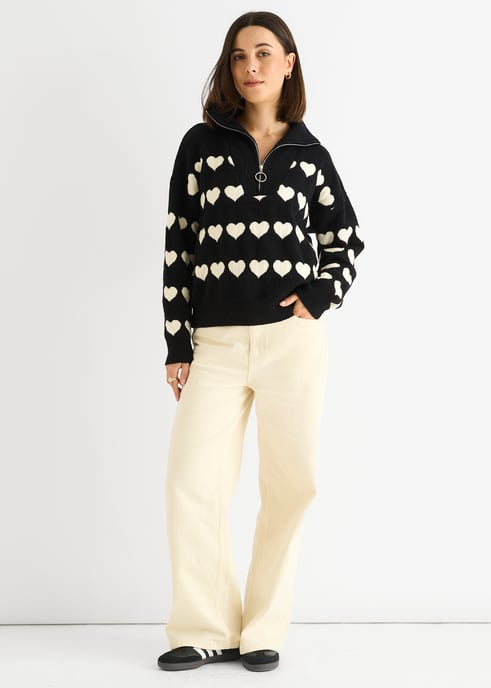 Black Heart Zip Up Loose Fit Knit Jumper - Image 1