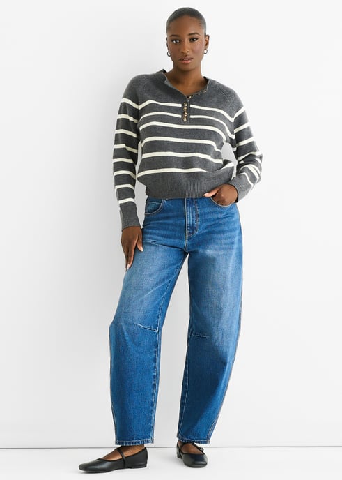 Grey Recycle Stripe Button Up Loose Fit Knit Jumper - Image 1